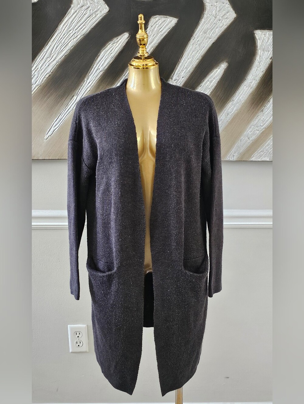H&M Womens Small Charcoal Gray Long Open Front Knit Cardigan Sweater Pockets